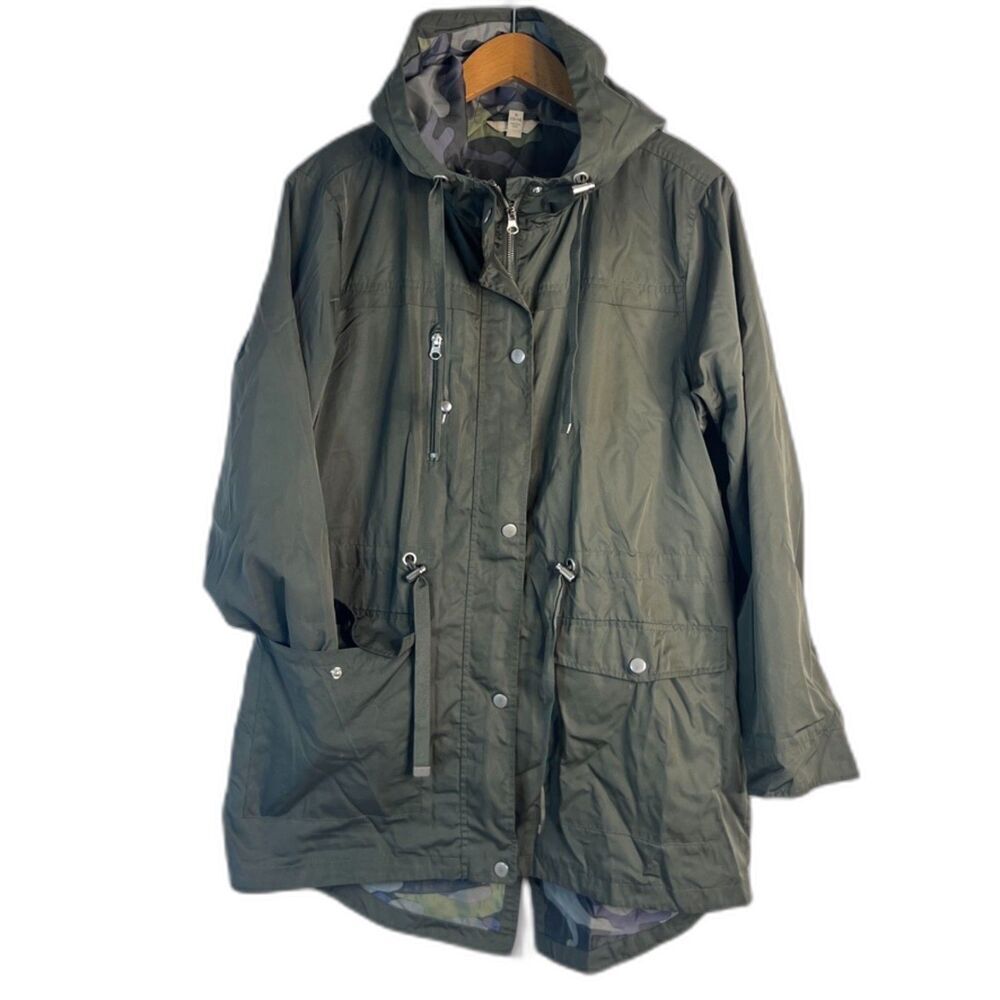 Time & Tru‎ Green Hooded Lightweight Camo Lined Windbreaker Trench JRS 12-14-SM